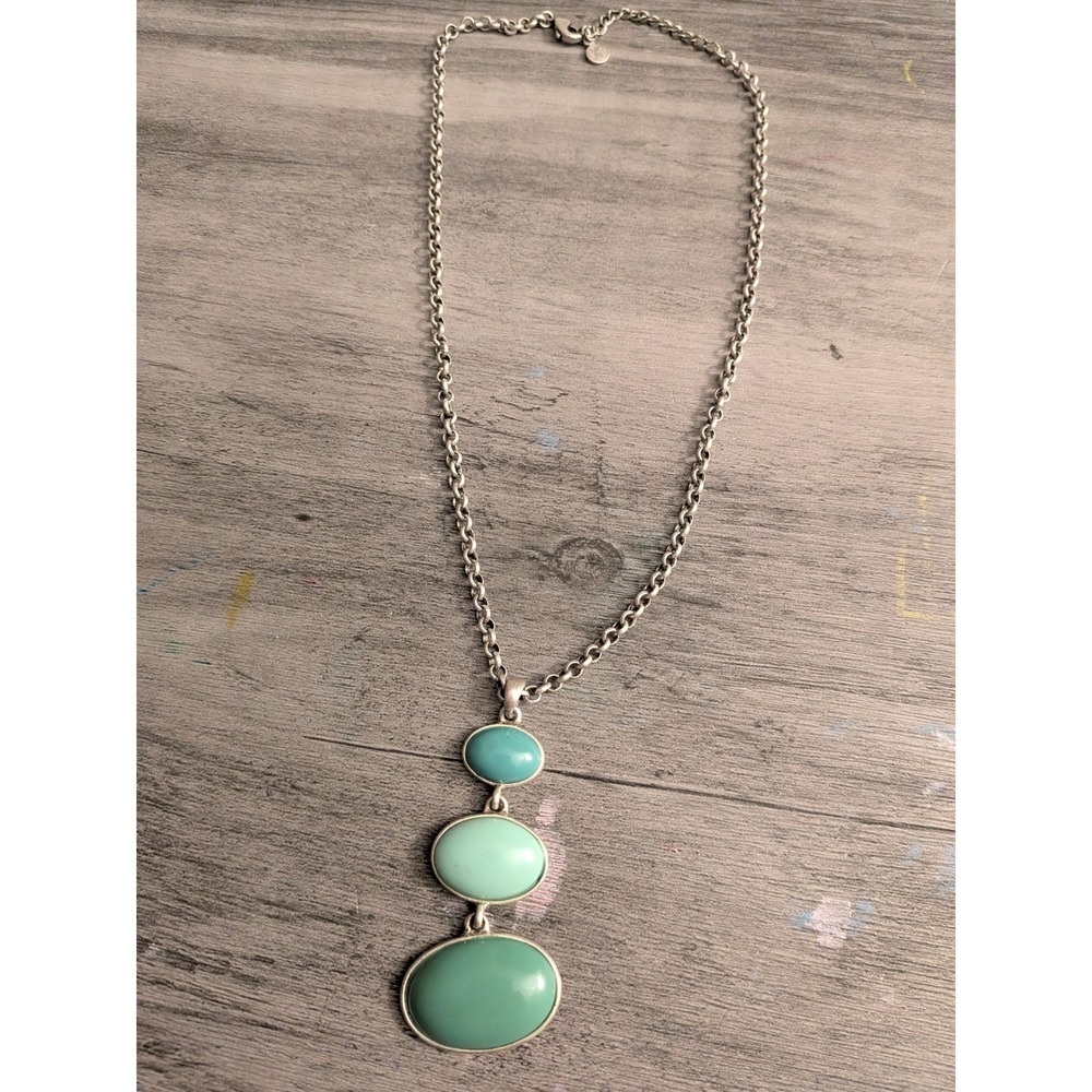 XCVI Silver Tone Three Tier Turquoise Green Oval Cabochon Pendant Necklace 18"